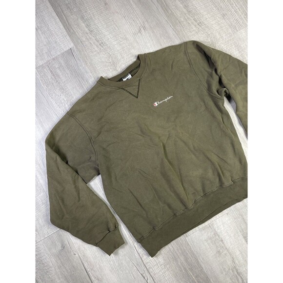 90s Champion Sweater Sz L Green Fleece Pullover Crew Neck Faded Distressed RB - Picture 2 of 13